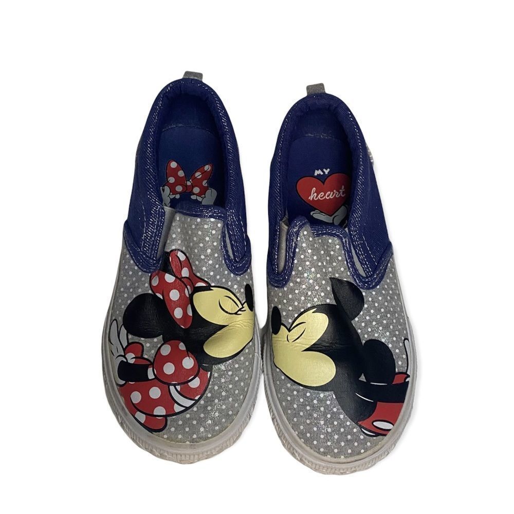 DISNEY Kids Minnie and Mickey Kissing Slip On Blue Sparkly Polka Dot Shoes - Picture 1 of 9